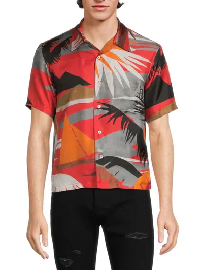 Palm Angels Men's Hawaii Cropped Silk Bowling Shirt In Red Multi
