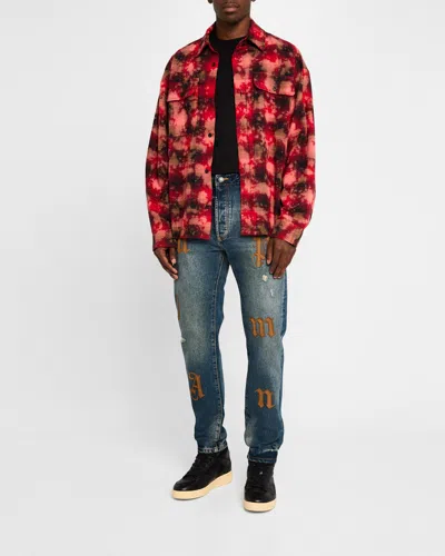 Palm Angels Men's Logo Patch Jeans In Blue Golden Brown