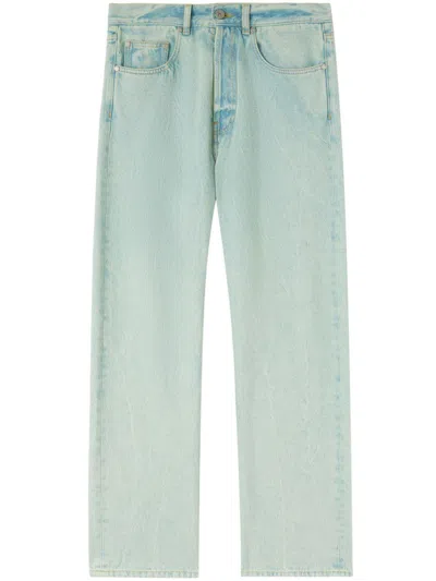 Palm Angels Light Blue Straight Leg Overdyed Cotton Denim Jeans In Green