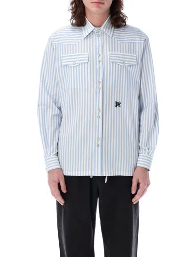 PALM ANGELS MEN'S MONOGRAM STRIPED SHIRT WITH FLAP POCKETS AND PAINT LOGO BY PALM ANGELS