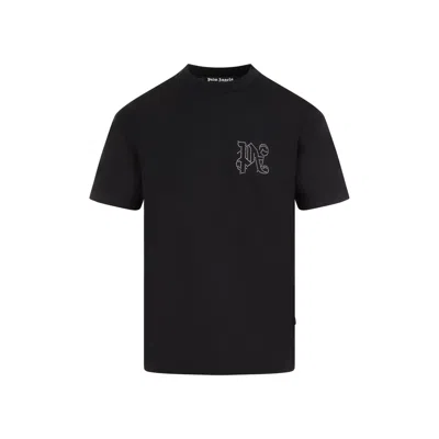 PALM ANGELS MEN'S MONOGRAM STUDDED CLASSIC T-SHIRT IN BLACK FOR SS24
