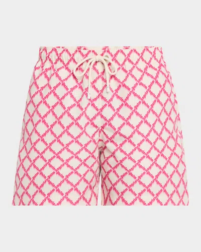 Palm Angels Men's Net Logo Swim Shorts In Ivory - Fuchsia