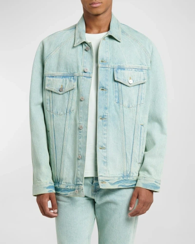 Palm Angels Men's Overdyed Logo Loose Denim Jacket In Mint Off White