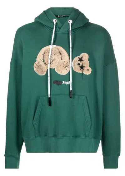 Pre-owned Palm Angels Men's  Bear Print Sprayed Logo Hoodie In Green/brown