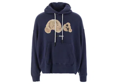 Pre-owned Palm Angels Men's  Bear Print Sprayed Logo Hoodie In Navy Blue/brown