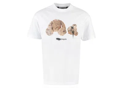 Pre-owned Palm Angels Men's  Bear Print Sprayed Logo T-shirt In White/brown In Multi