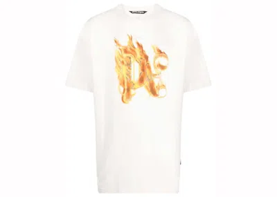 Pre-owned Palm Angels Men's  Burning Monogramprint T-shirt In White/burnt Orange
