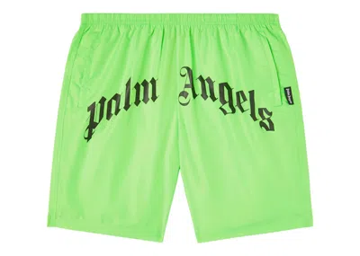 Pre-owned Palm Angels Men's  Curved Logo Bold Swim Shorts In Green Fluo/black
