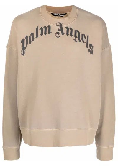 Pre-owned Palm Angels Men's  Curved Logo Crewneck Sweatshirt In Beige/black