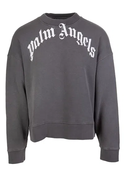 Pre-owned Palm Angels Men's  Curved Logo Crewneck Sweatshirt In Black/white