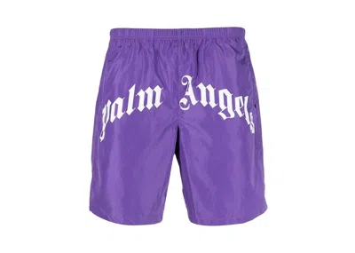 Pre-owned Palm Angels Men's  Curved Logo Swim Short In Violet/white