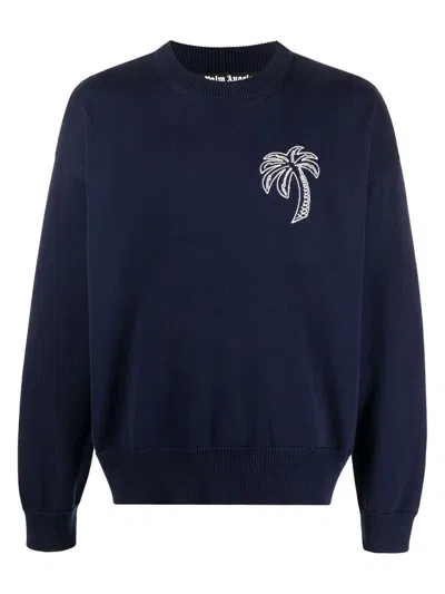 Pre-owned Palm Angels Men's  Embroidered Palm Tree Sweatshirt In Navy Blue/white