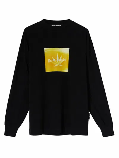 Pre-owned Palm Angels Men's  Leaf Print Logo Longsleeve T-shirt In Black/yellow