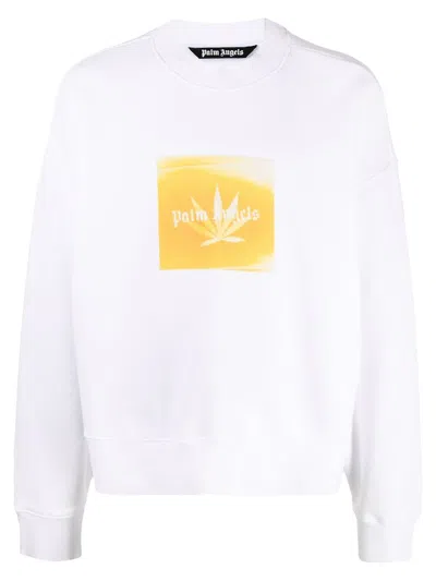 Pre-owned Palm Angels Men's  Leaf Print Logo Sweatshirt In White/yellow In Multi