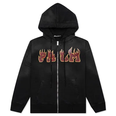 Pre-owned Palm Angels Men's  Logo Flames Zipped Vintage Hoodie In Black/red