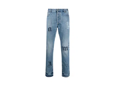 Pre-owned Palm Angels Men's  Logopatch Straight Leg Jeans In Blue
