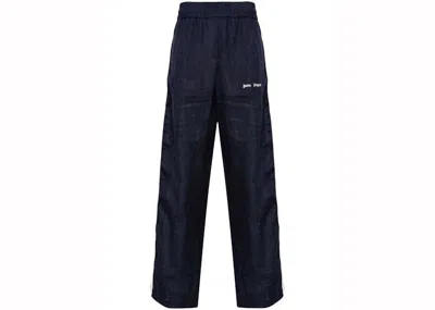 Pre-owned Palm Angels Men's  Logoprint Linen Track Pants In Navy Blue/off/white In Multi