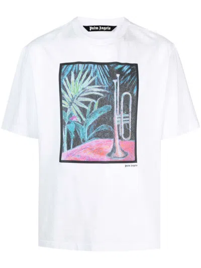 Pre-owned Palm Angels Men's  Oil On Canvas Cotton T-shirt In White