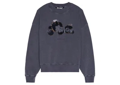 Pre-owned Palm Angels Men's  Patchwork Rippled Bear Crewneck Sweatshirt In Indigo Light In Blue