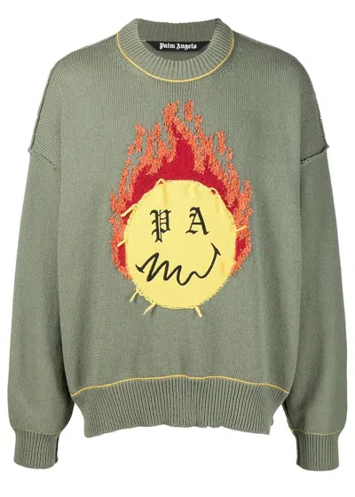 Pre-owned Palm Angels Men's  Smiley Intarsia Burning Head Knitted Crewneck Sweatshirt In Green Yellow