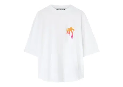 Pre-owned Palm Angels Men's  Sprayed Palm Logo Over T-shirt In White/fuchsia In Multi