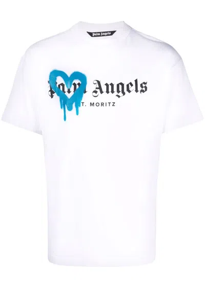 Pre-owned Palm Angels Men's  St Moritz Heart Sprayed Logo T-shirt In White/black/blue