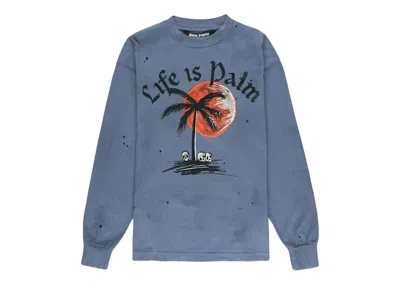 Pre-owned Palm Angels Men's  Sunset Palm Garmet Dyed Long Sleeve Sweatshirt In Blue