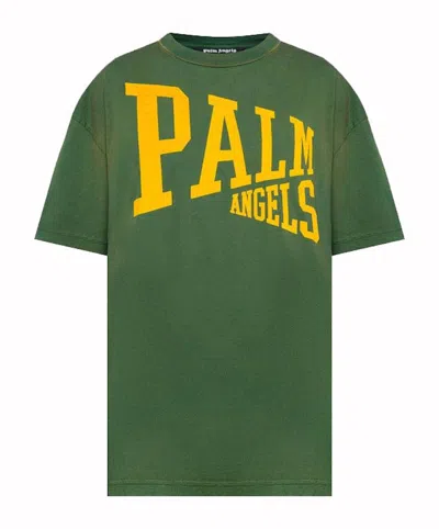 Pre-owned Palm Angels Men's  Vintage Look College Logo T-shirt In Green/yellow