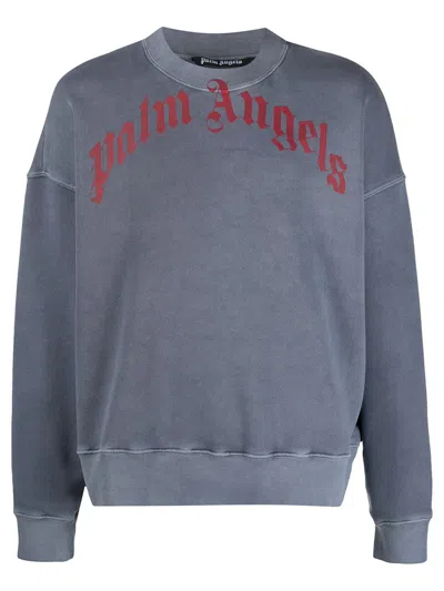 Pre-owned Palm Angels Men's  Vintage Wash Curved Logo Crewneck Sweatshirt In Navy Blue