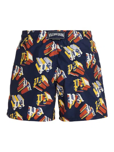 Pre-owned Palm Angels Men's  X Vilebrequin Monogram Swim Shorts In Blue/brown