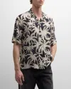 Palm Angels Black And White Short Sleeve Shirt With All-over Palm Print In Viscose In Black Off White