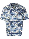 PALM ANGELS MEN'S SHARK PRINT COTTON SHIRT IN SHADES OF BLUE FOR SS23
