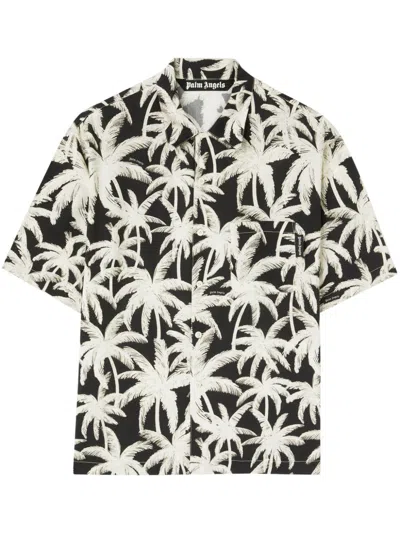 Palm Angels Floral Print Cotton Shirt For Men In Black