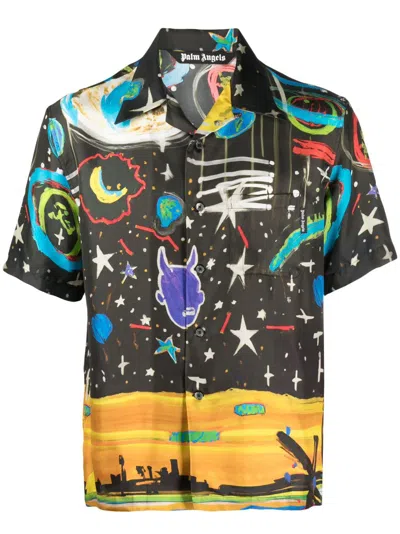 PALM ANGELS MEN'S STARRY NIGHT SHORT-SLEEVED BOWLING SHIRT IN BLACKMULTI
