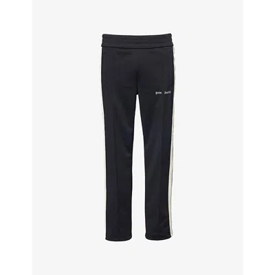Palm Angels Mens Striped Zipped-cuffs Mid-rise Regular-fit Woven Jogging Bottoms Black And Off White In Black And Off White
