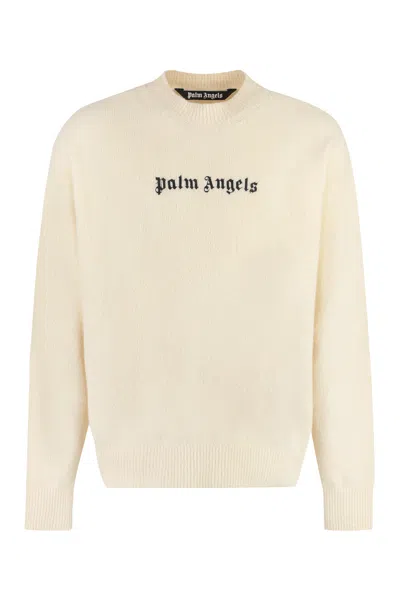Palm Angels Mens White And Black Crew-neck Sweater For Fw23 In Panna