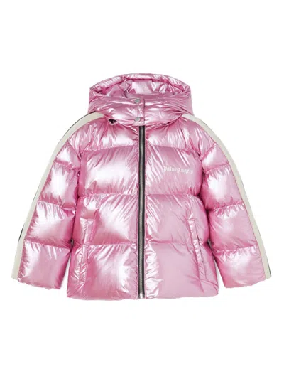 Palm Angels Kids' Metallic Hooded Puffer Jacket In Pink