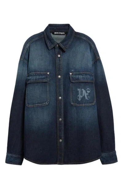Palm Angels Logo-print Denim Shirt In Blue Off W