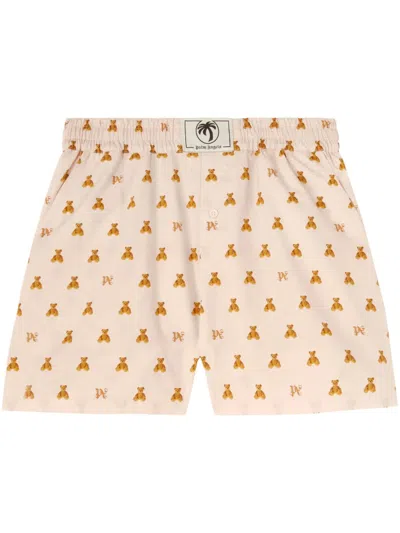 Palm Angels Bear And Monogram Shorts In Soft Pink - Brown