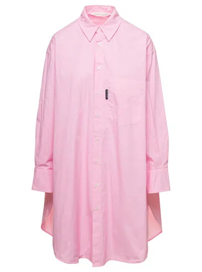 Palm Angels Mini Pink Shirt Dress With Contrasting Logo Print At The Back In Cotton Woman