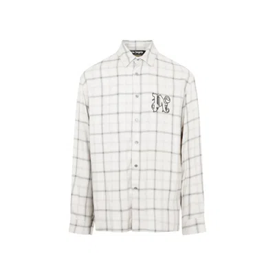 Palm Angels Logo Embroidered Checked Shirt In Beige