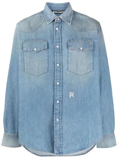Palm Angels Monogram Cotton Shirt In Blue