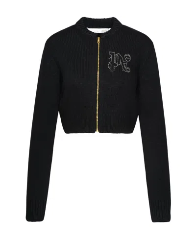 PALM ANGELS PALM ANGELS MONOGRAM EMBELLISHED ZIPPED KNITTED CARDIGAN