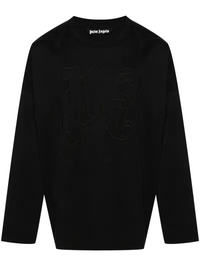 Palm Angels Monogram-embroidered Cotton T-shirt In Schwarz