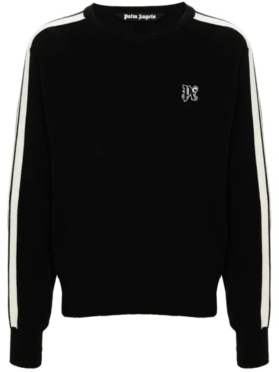 Palm Angels Monogram Track Stripe Crewneck Sweater In Black