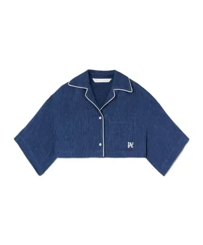 Palm Angels Monogram-embroidered Drop Shoulder Cropped Shirt In Blue