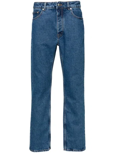Palm Angels Monogram Embroidered Jeans, Indigo Denim, Cotton. In Blue