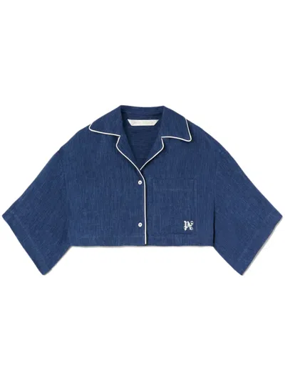 Palm Angels Blue Cropped Shirt With Embroidered Logo