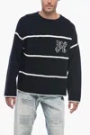 Palm Angels Navy And White Knit Sweater With Paint Monogram Stripes In Blue