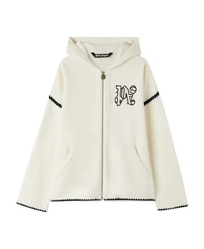Palm Angels Monogram Embroidered Zipped Knitted Hoodie In White